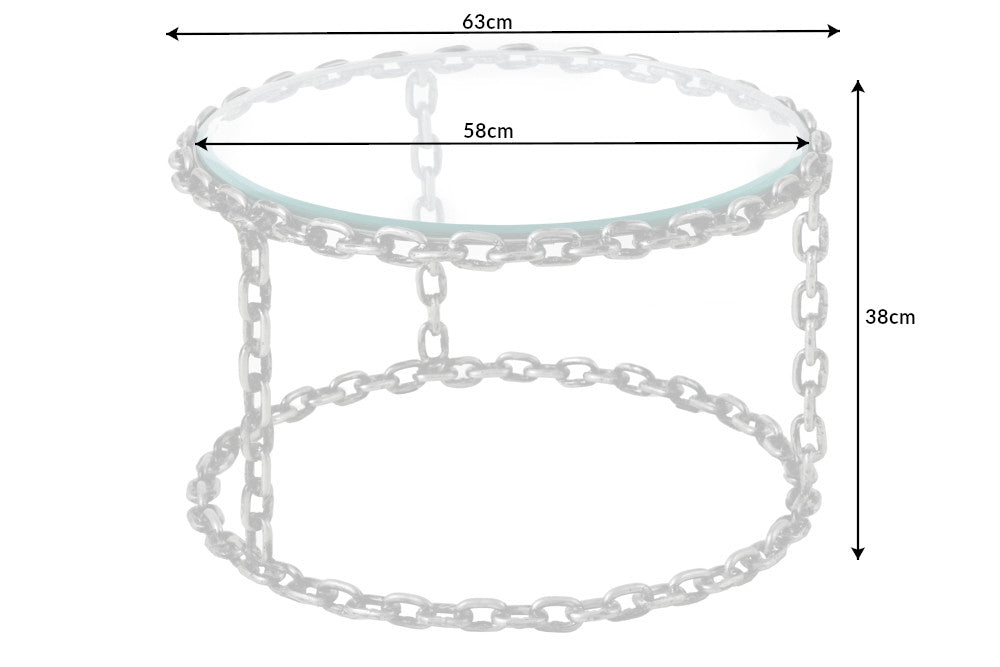 CHAINS mesa de centro de diseño 65cm en metal plateado hecho a mano, tapa redonda de cristal, marco de cadena