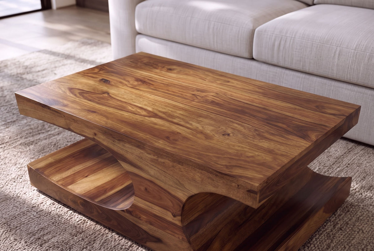 Table basse design CUBUS 120cm en bois massif Sheesham marron finition pierre avec rangements