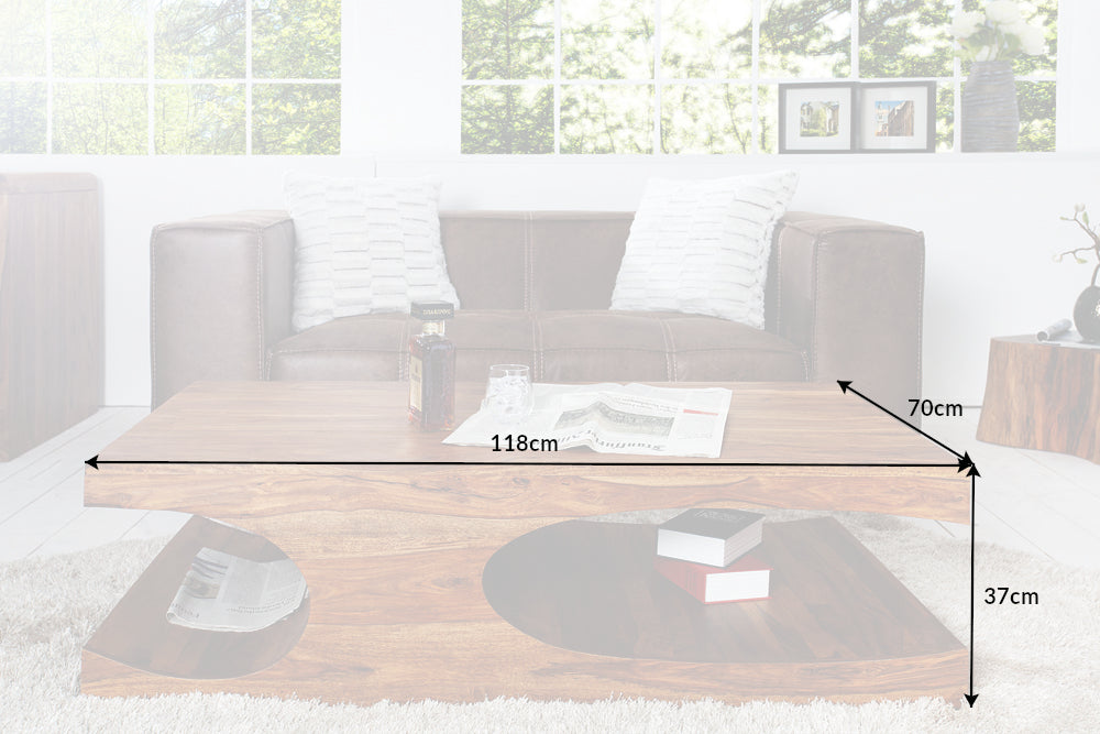 Table basse design CUBUS 120cm en bois massif Sheesham marron finition pierre avec rangements