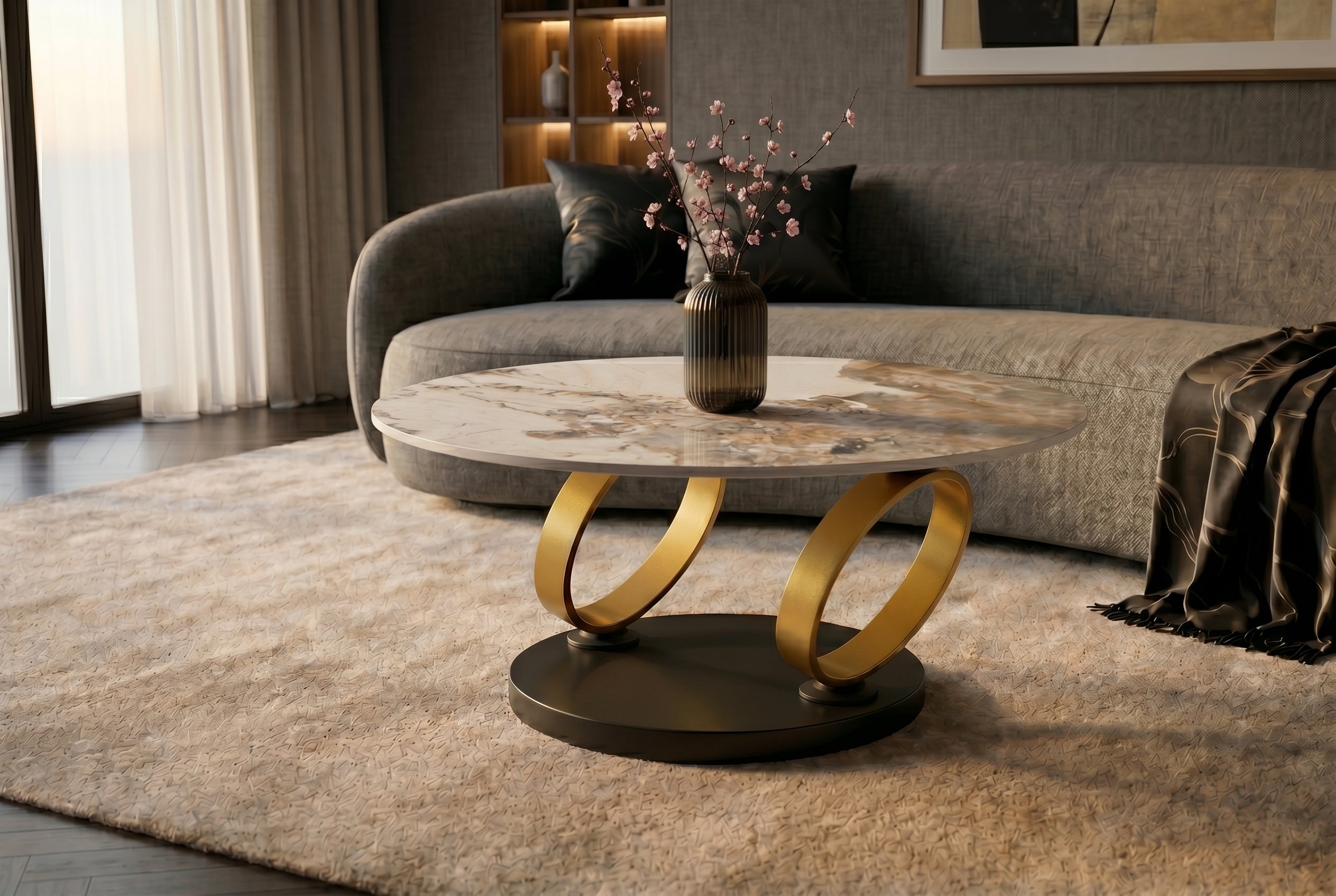 Table basse design DANCING RINGS blanc marron ronde tournante Pandora céramique or