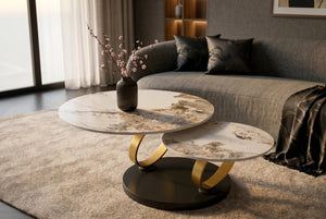 Table basse design DANCING RINGS blanc marron ronde tournante Pandora céramique or
