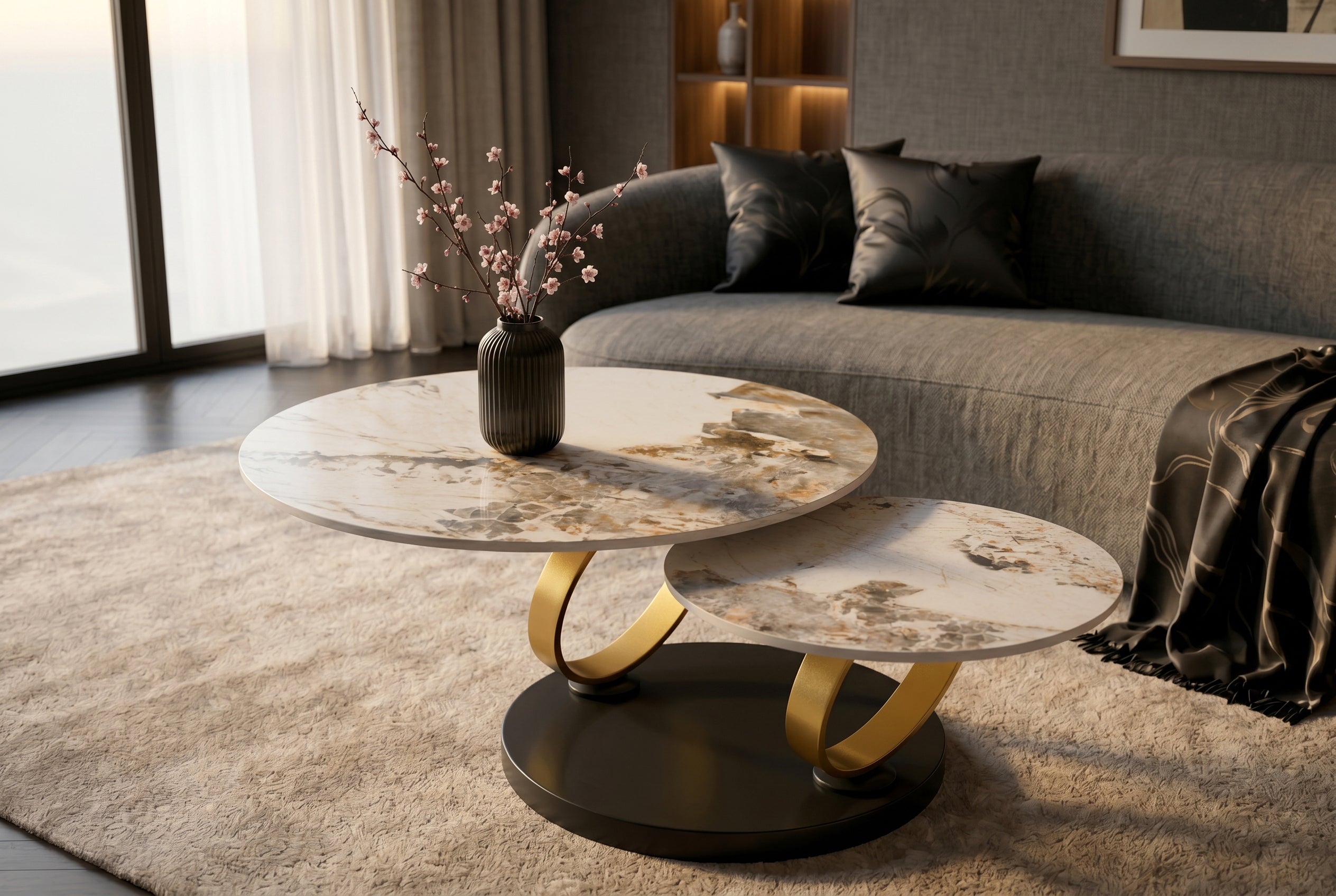 Table basse design DANCING RINGS blanc marron ronde tournante Pandora céramique or