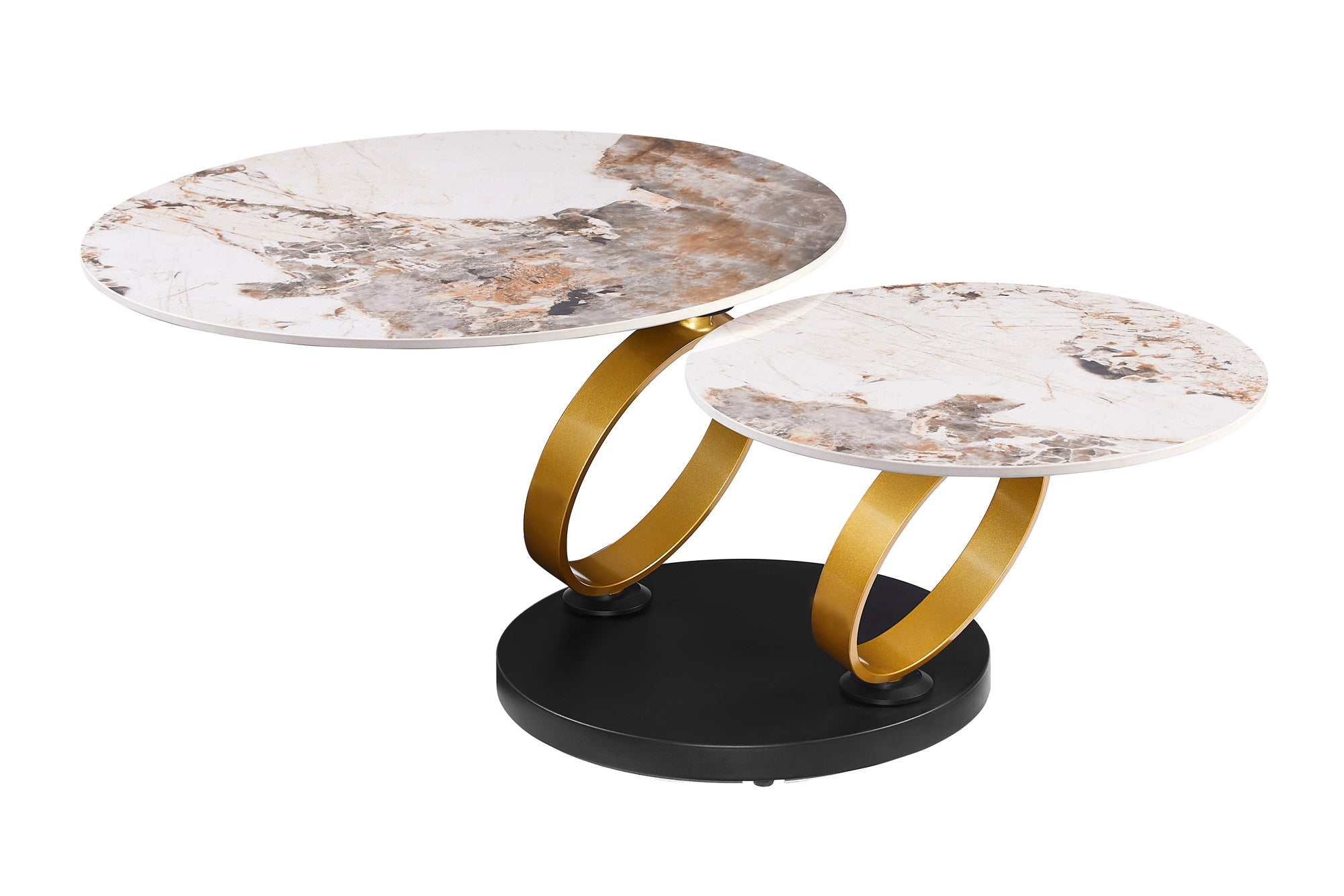 Table basse design DANCING RINGS blanc marron ronde tournante Pandora céramique or