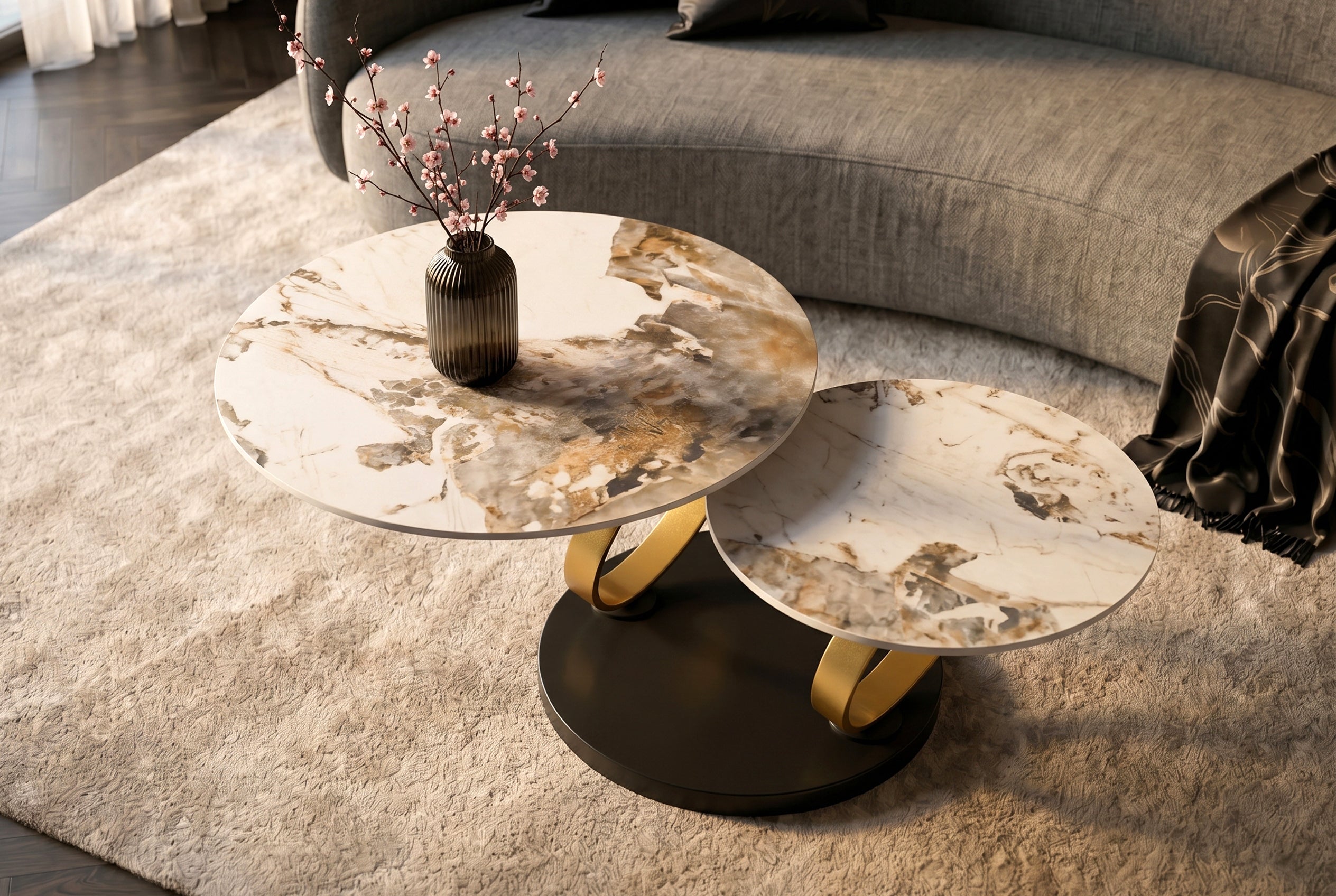 Table basse design DANCING RINGS blanc marron ronde tournante Pandora céramique or