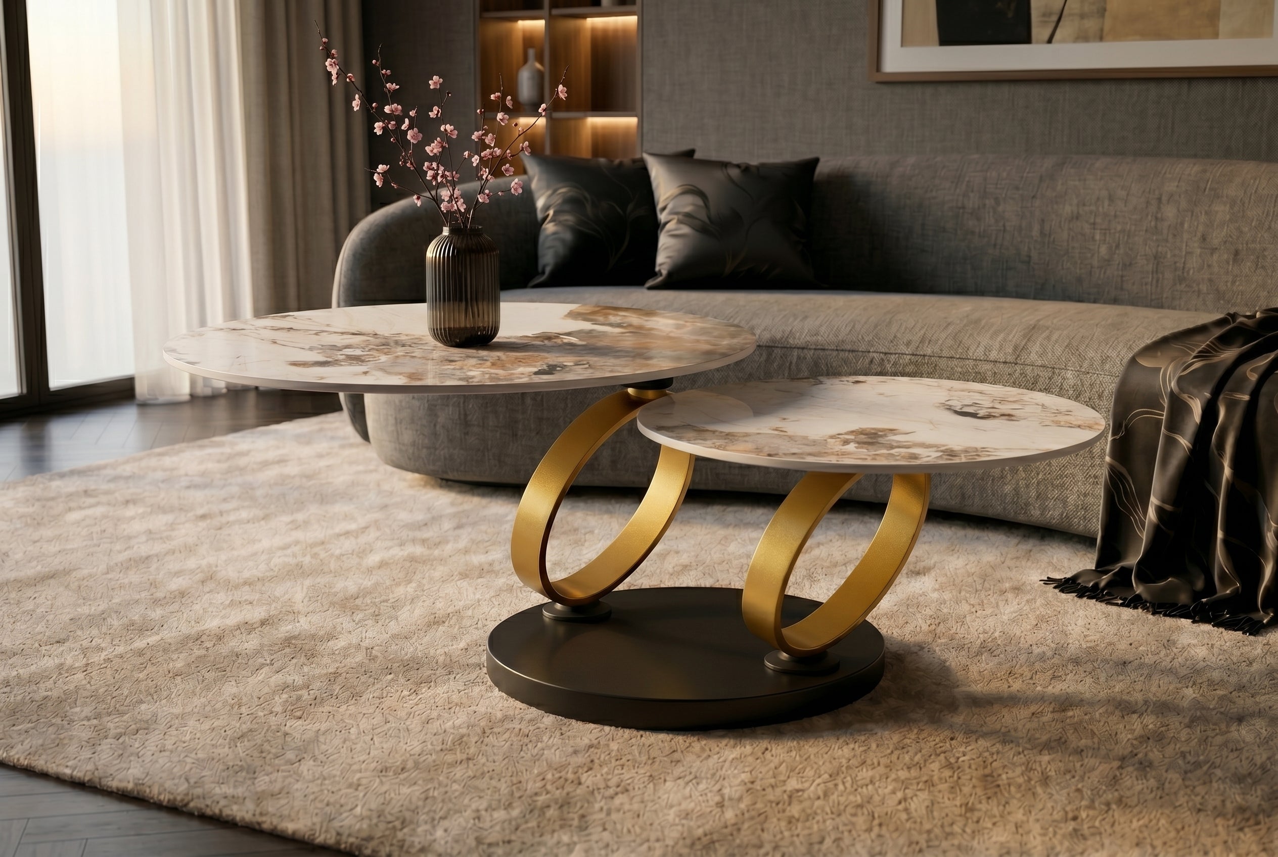 Table basse design DANCING RINGS blanc marron ronde tournante Pandora céramique or