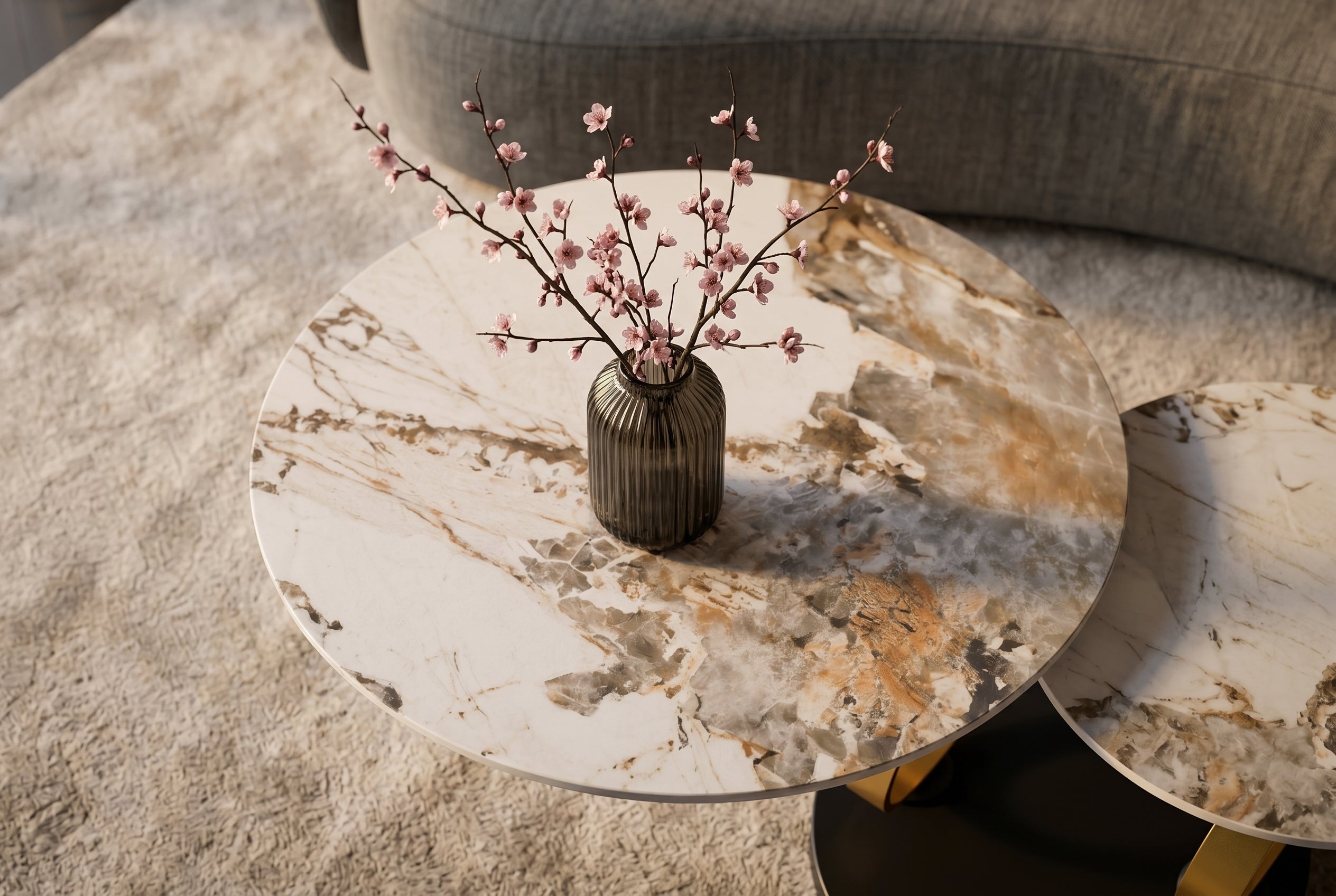 Table basse design DANCING RINGS blanc marron ronde tournante Pandora céramique or