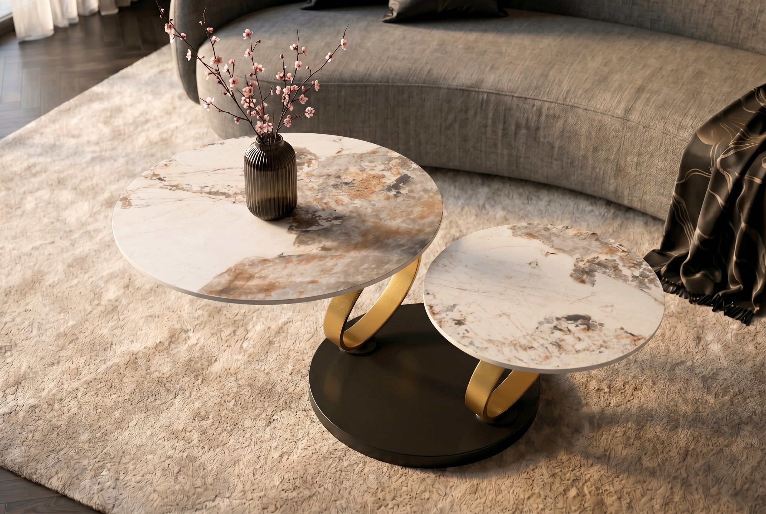 Table basse design DANCING RINGS blanc marron ronde tournante Pandora céramique or