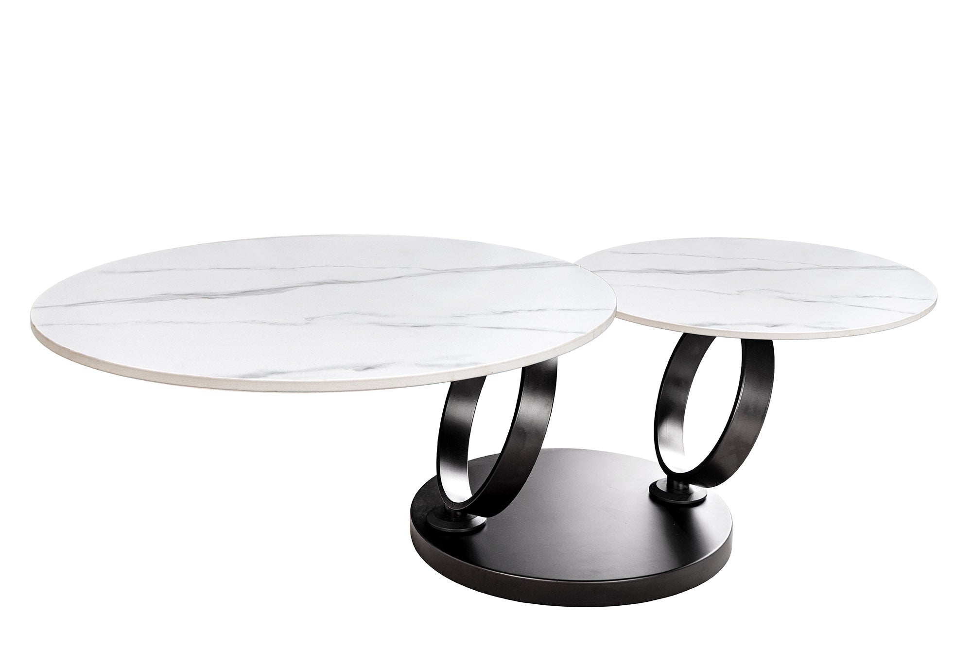 Table basse design DANCING RINGS blanche ronde tournante marbre céramique noir métal