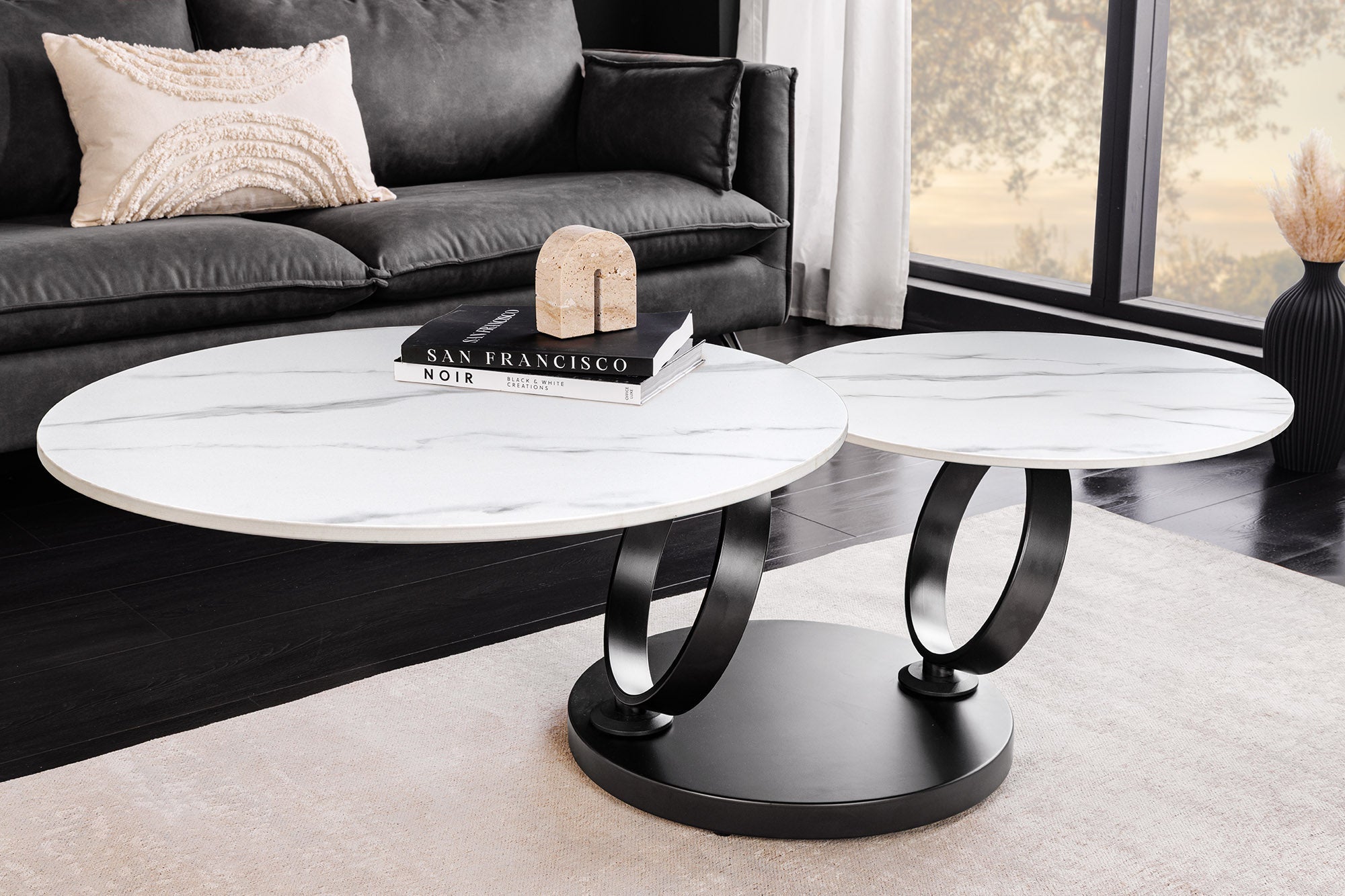 Table basse design DANCING RINGS blanche ronde tournante marbre céramique noir métal