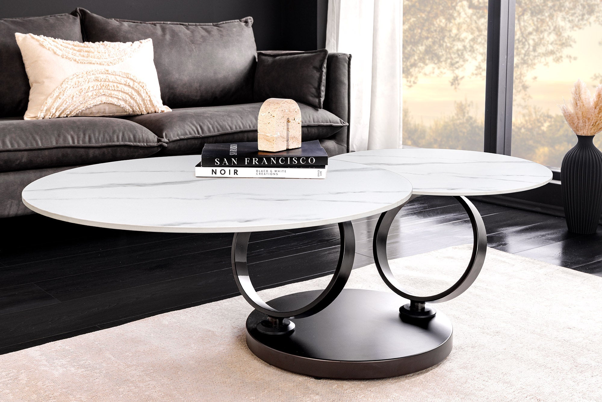 Table basse design DANCING RINGS blanche ronde tournante marbre céramique noir métal