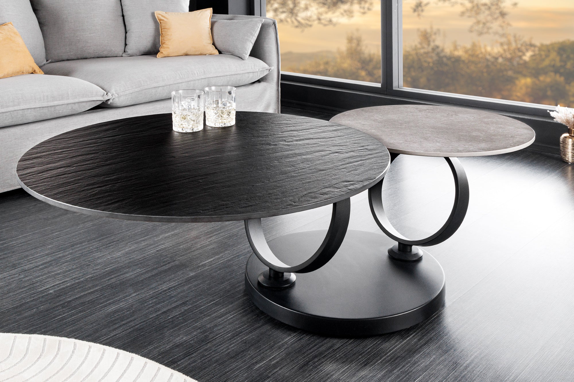 Mesa de centro de diseño DANCING RINGS negro gris redonda giratoria cerámica metal