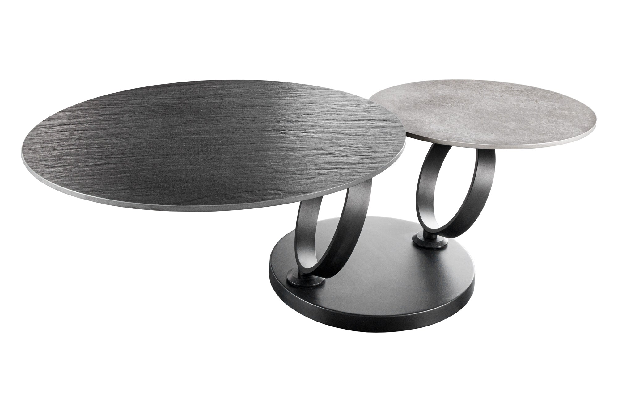 Mesa de centro de diseño DANCING RINGS negro gris redonda giratoria cerámica metal