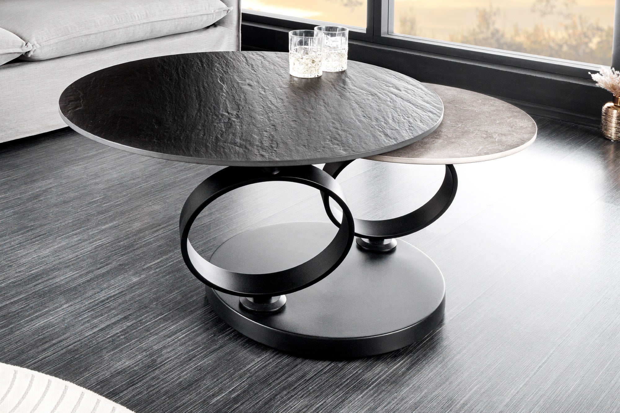 Mesa de centro de diseño DANCING RINGS negro gris redonda giratoria cerámica metal