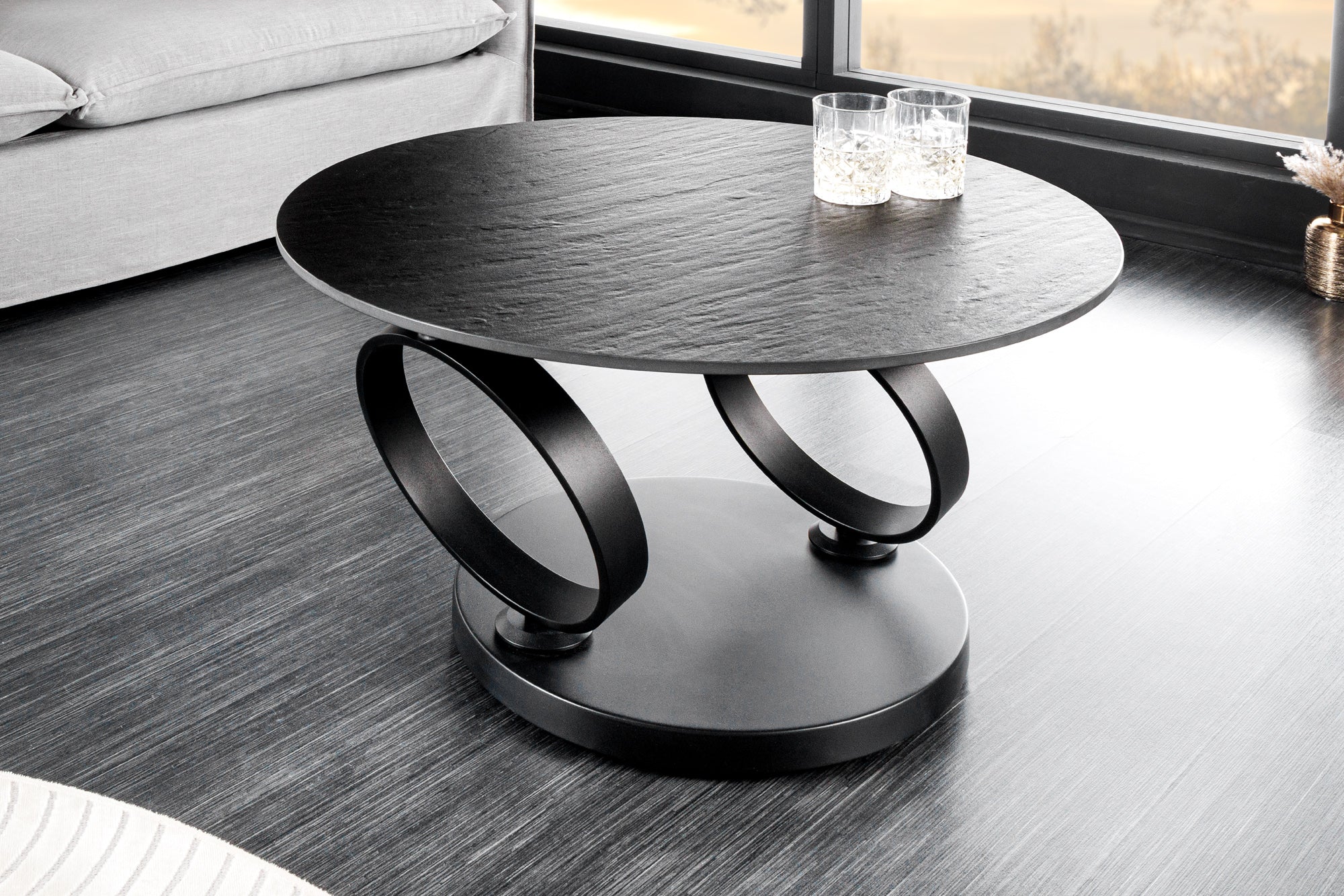 Mesa de centro de diseño DANCING RINGS negro gris redonda giratoria cerámica metal