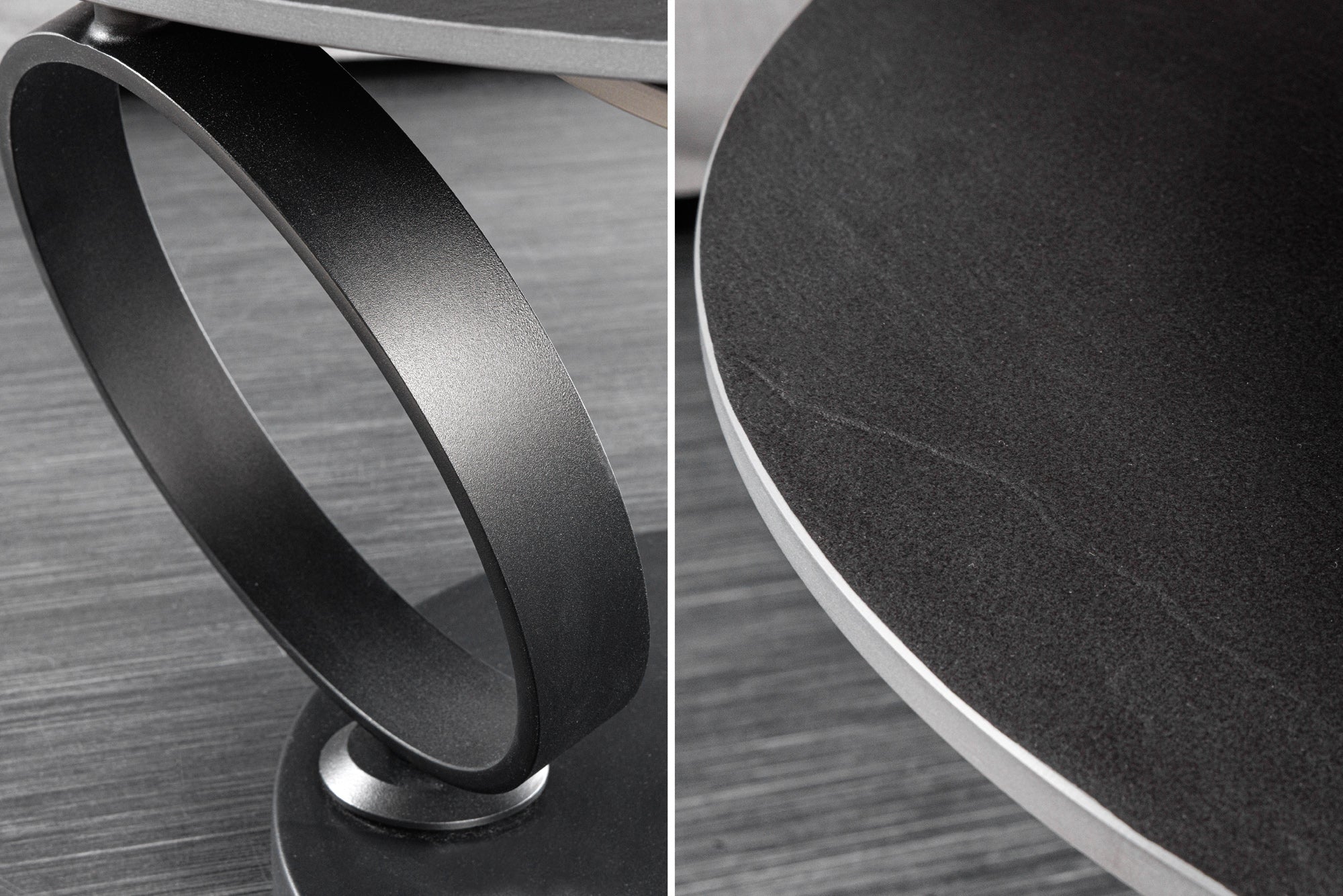 Mesa de centro de diseño DANCING RINGS negro gris redonda giratoria cerámica metal
