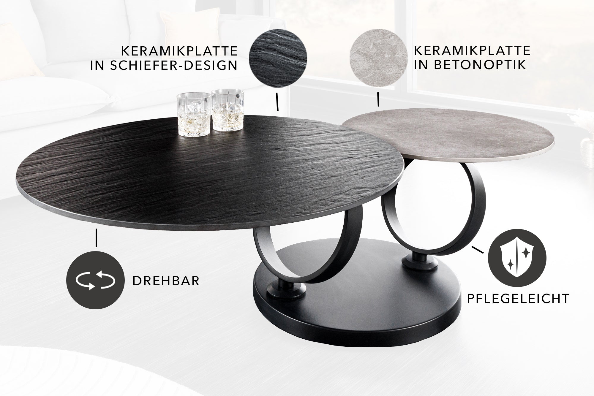Mesa de centro de diseño DANCING RINGS negro gris redonda giratoria cerámica metal