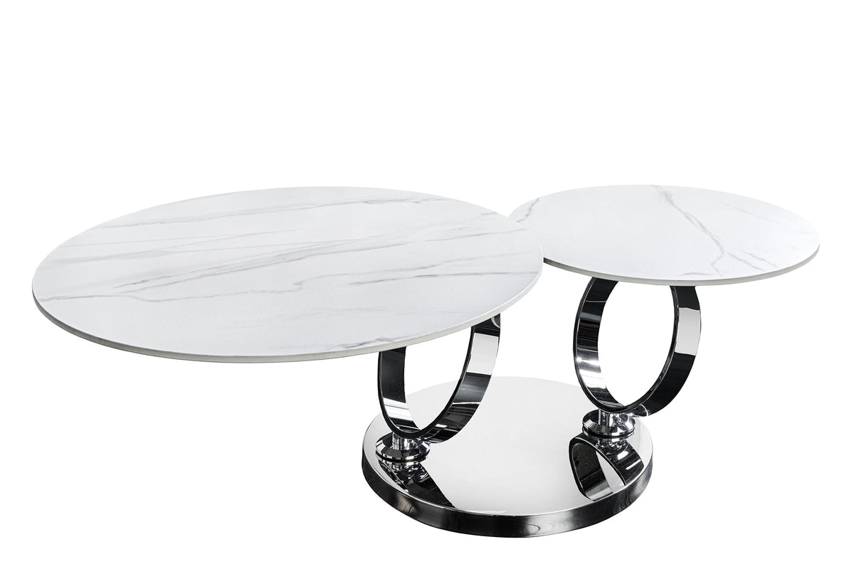 Table basse design DANCING RINGS ronde blanche tournante en marbre céramique structure chromée