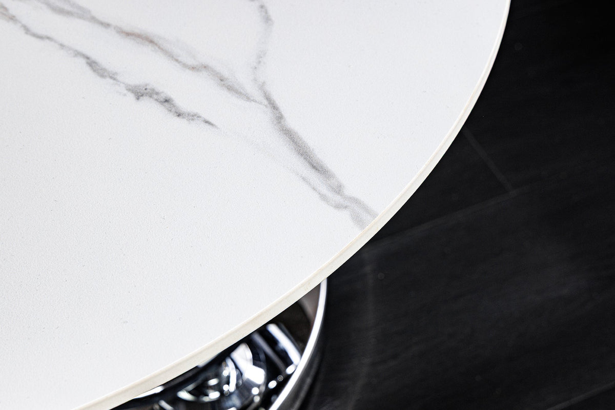 Table basse design DANCING RINGS ronde blanche tournante en marbre céramique structure chromée
