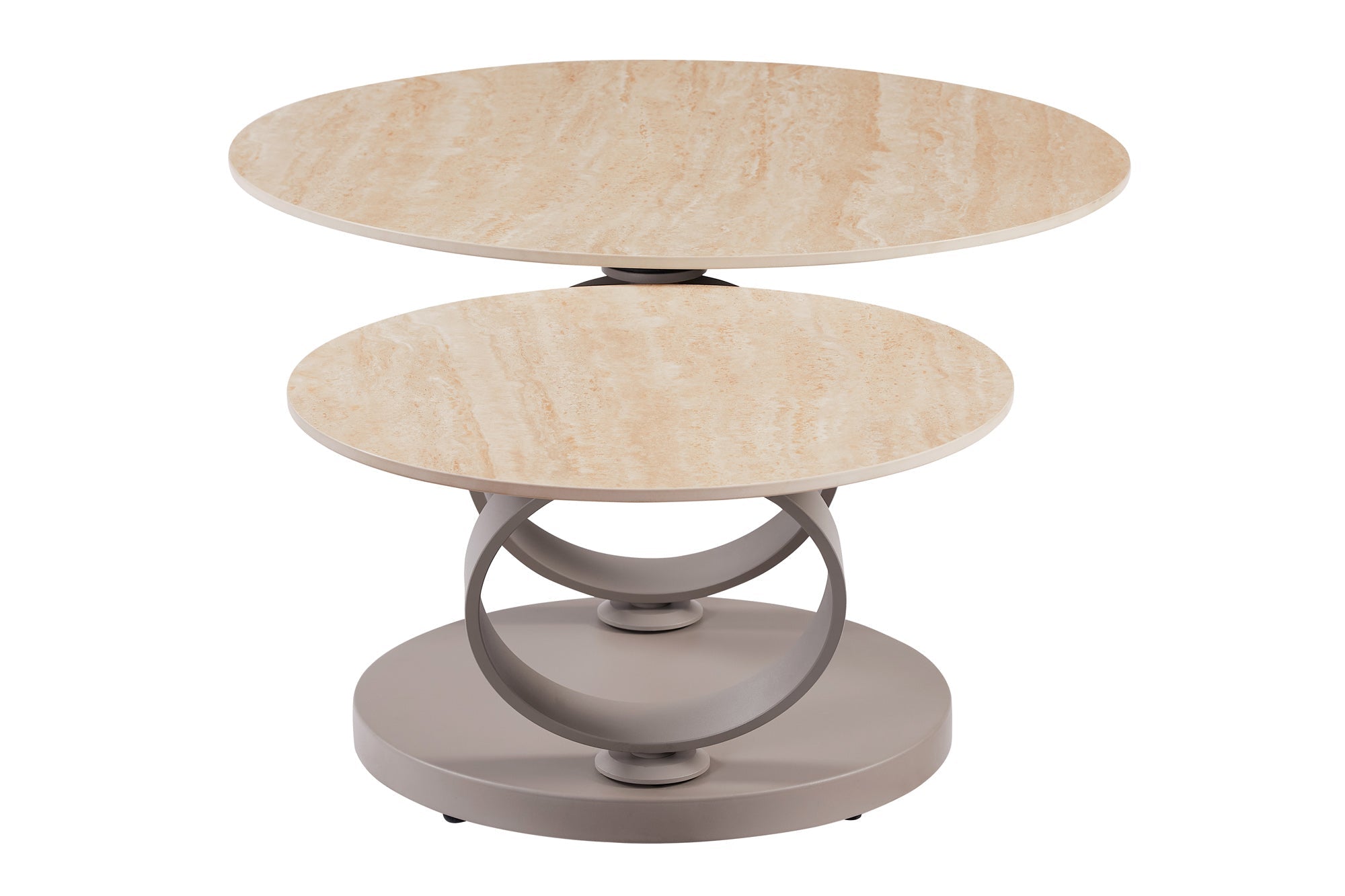 Table basse design DANCING RINGS ronde naturelle tournante en céramique travertin champagne grège