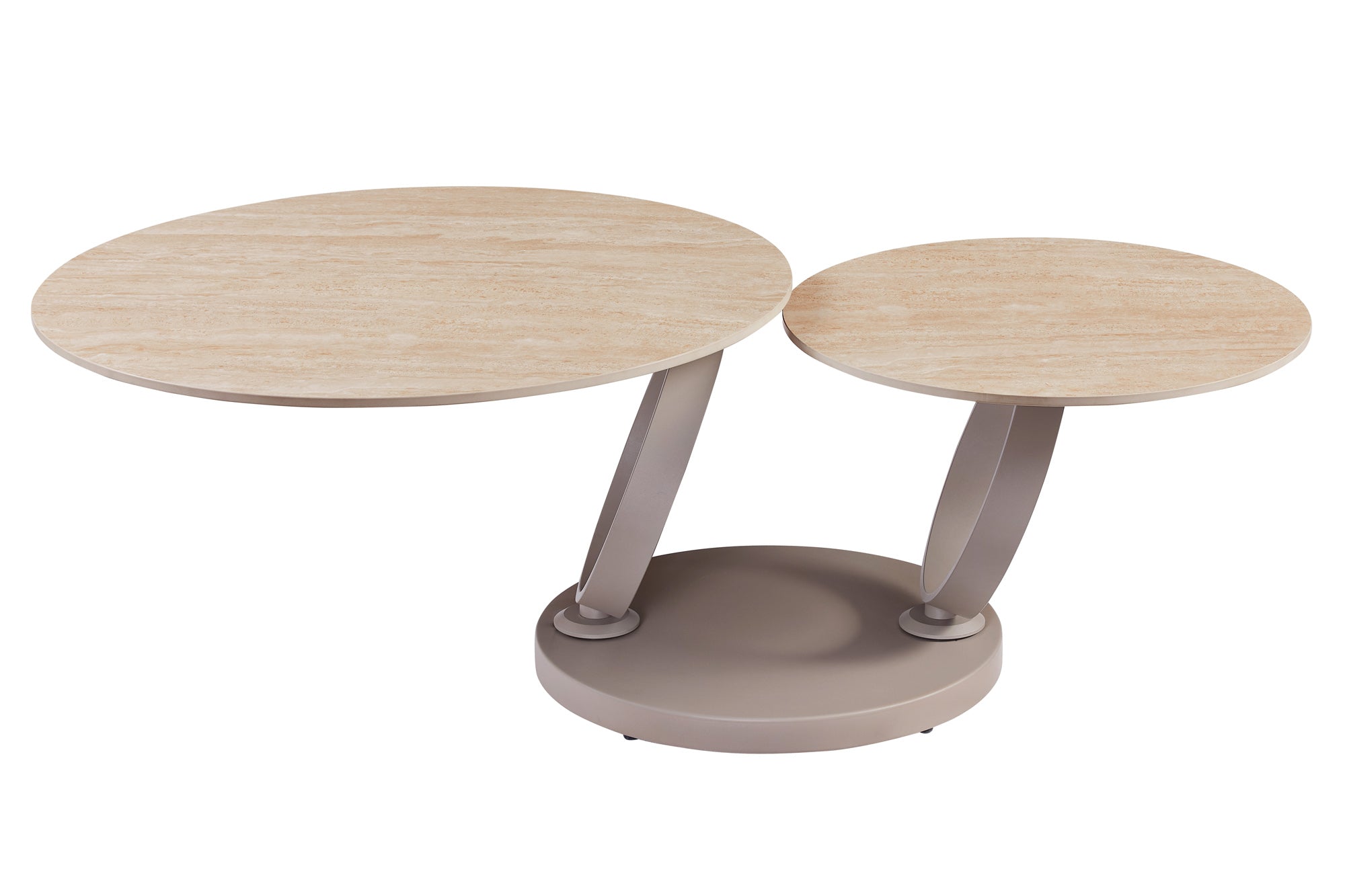 Table basse design DANCING RINGS ronde naturelle tournante en céramique travertin champagne grège