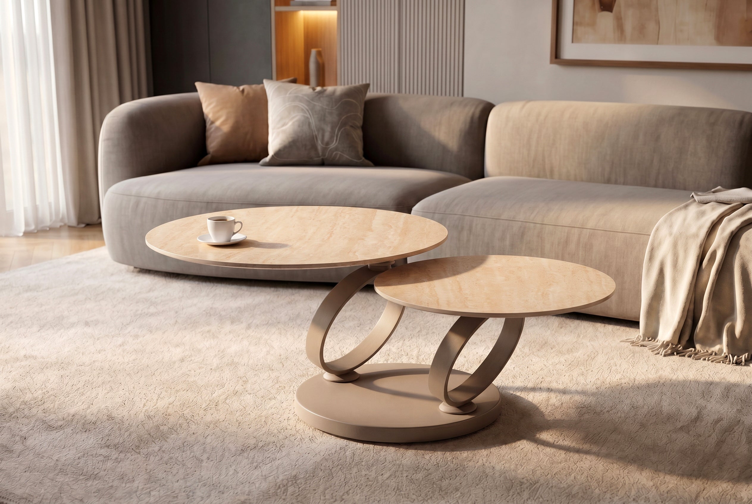 Table basse design DANCING RINGS ronde naturelle tournante en céramique travertin champagne grège