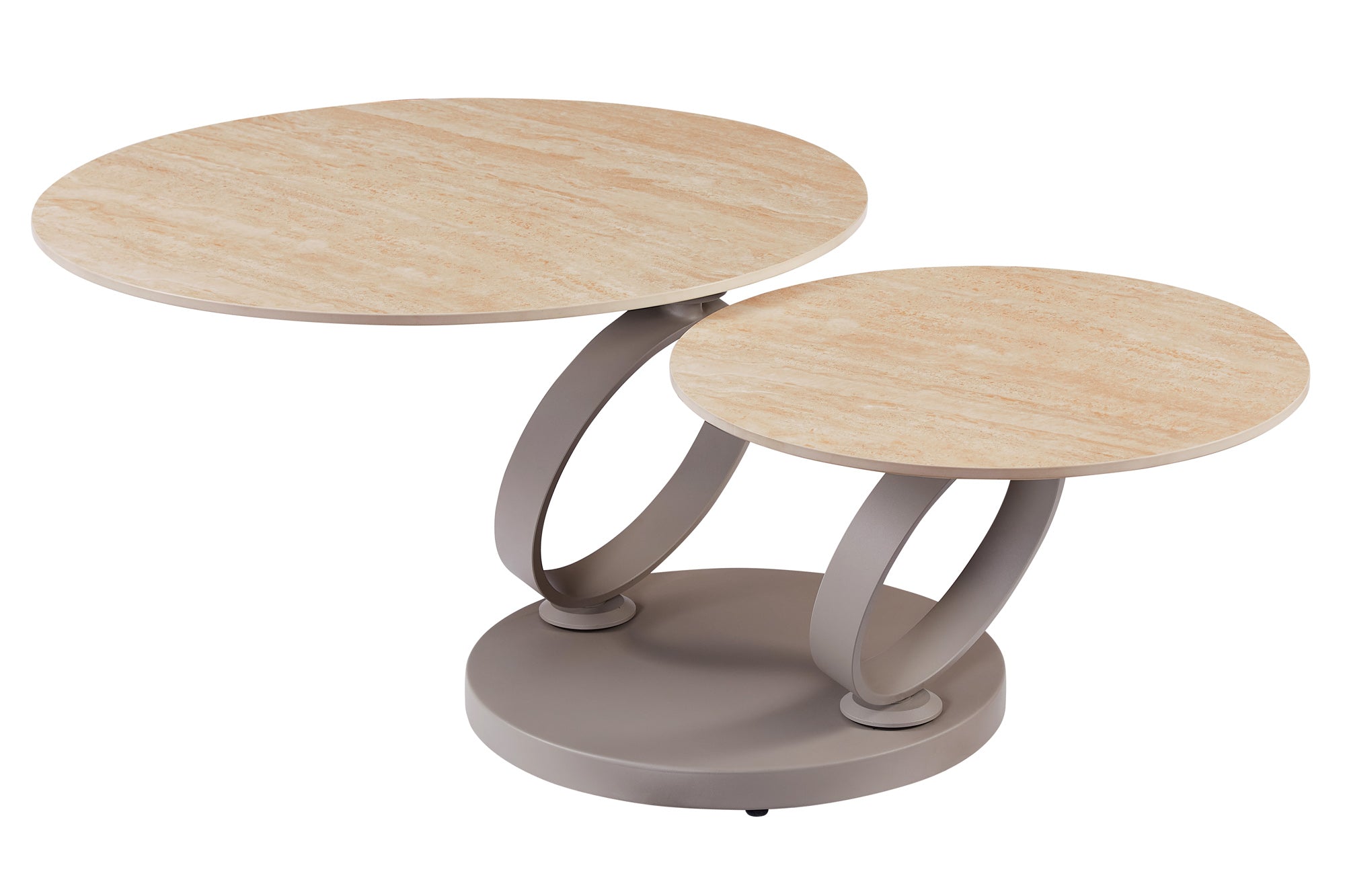 Table basse design DANCING RINGS ronde naturelle tournante en céramique travertin champagne grège