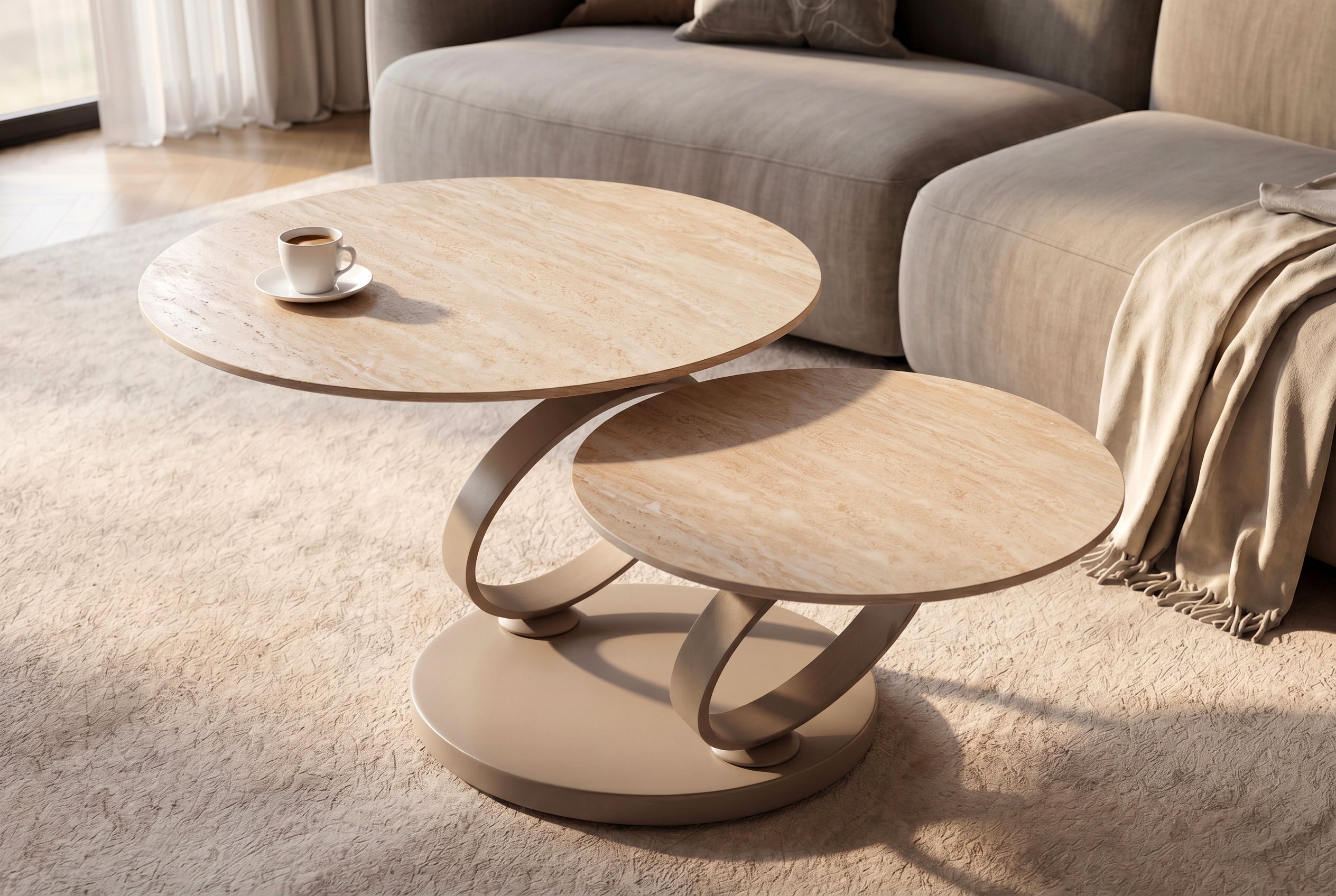 Table basse design DANCING RINGS ronde naturelle tournante en céramique travertin champagne grège
