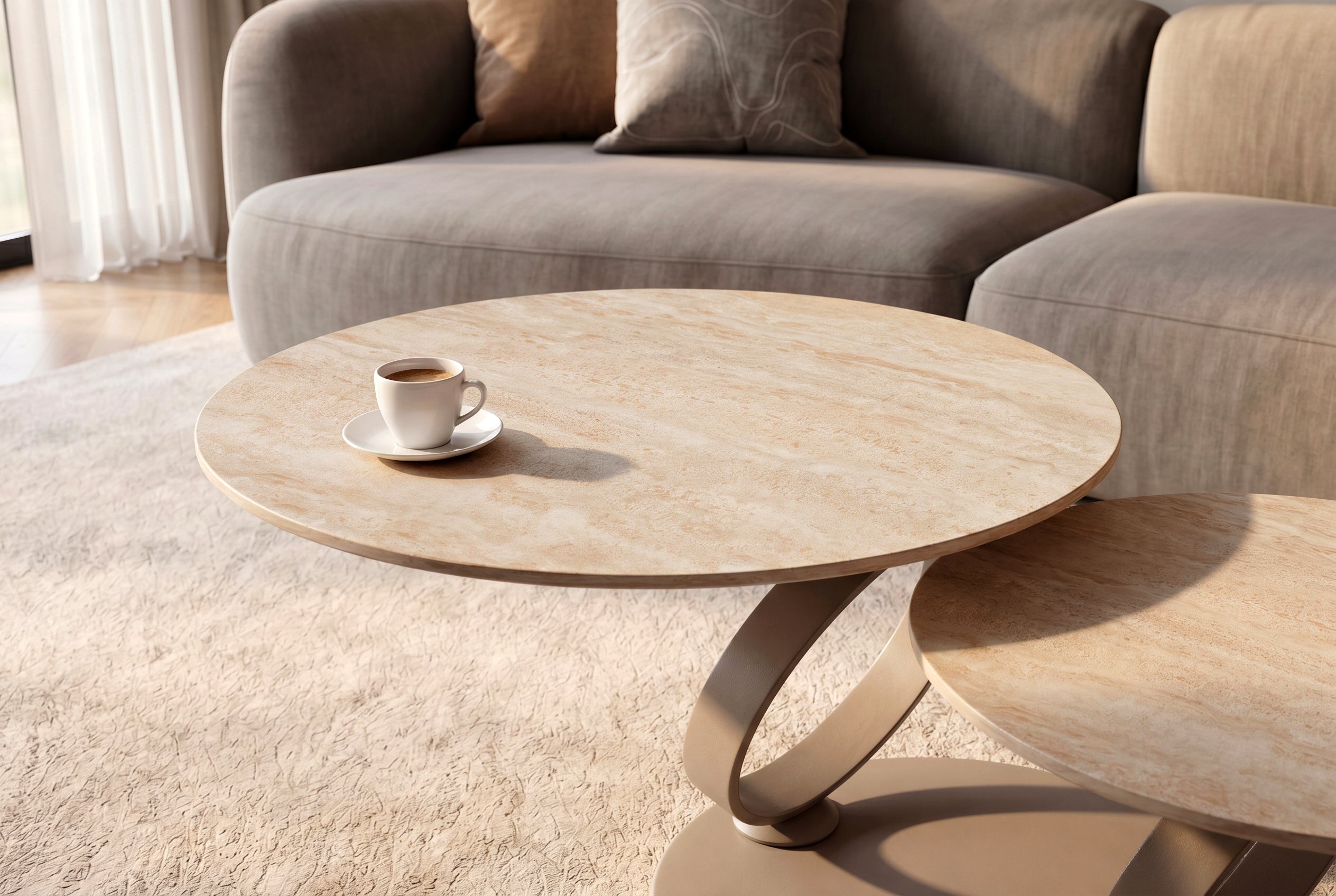 Table basse design DANCING RINGS ronde naturelle tournante en céramique travertin champagne grège