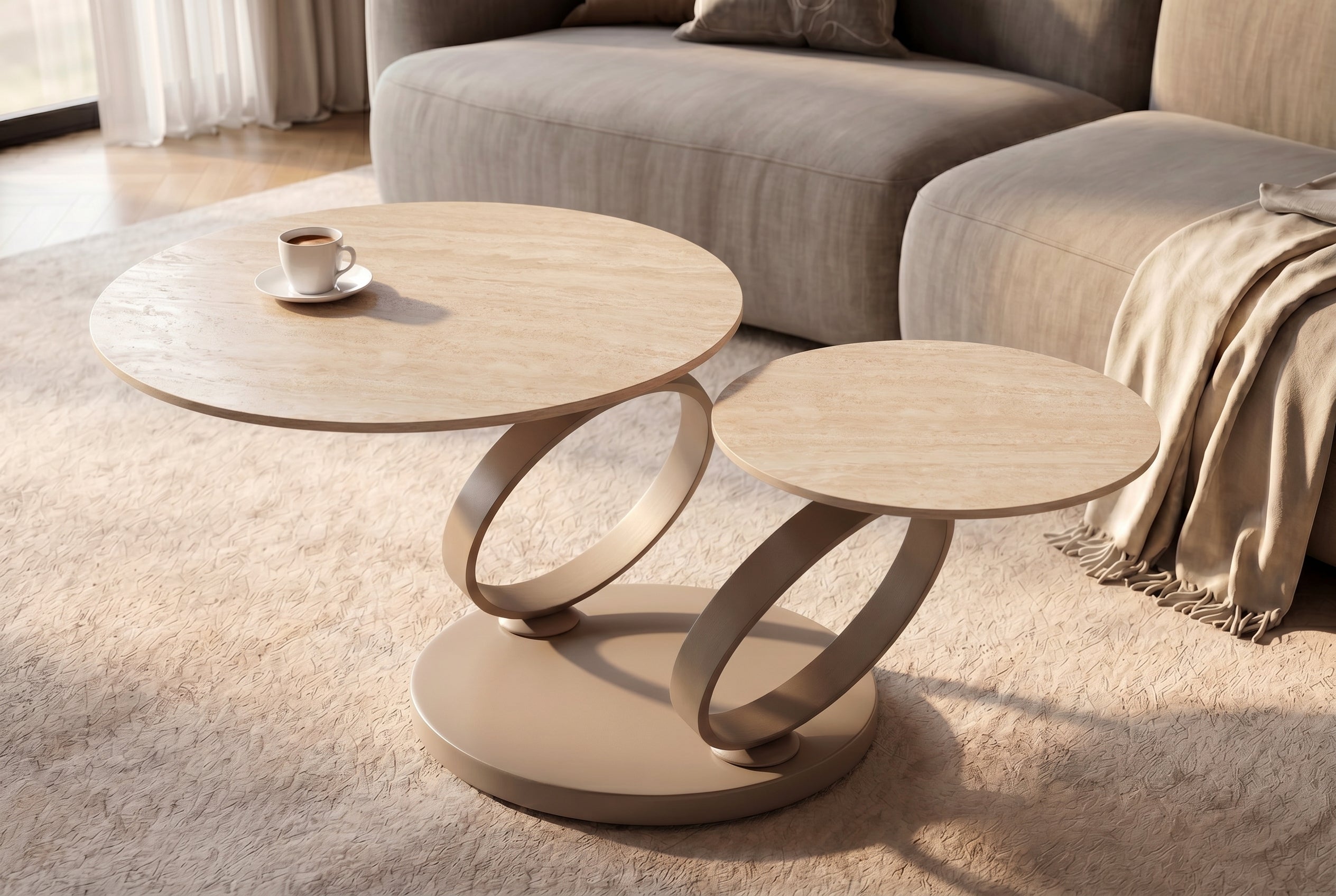 Table basse design DANCING RINGS ronde naturelle tournante en céramique travertin champagne grège