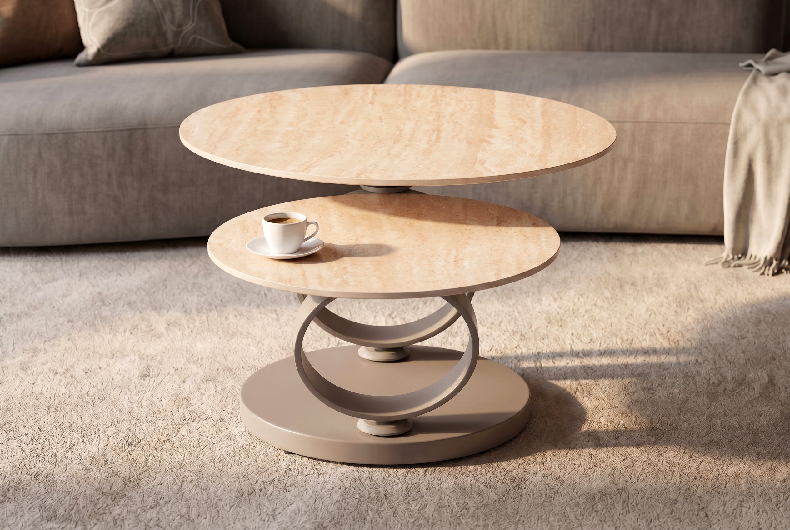 Table basse design DANCING RINGS ronde naturelle tournante en céramique travertin champagne grège