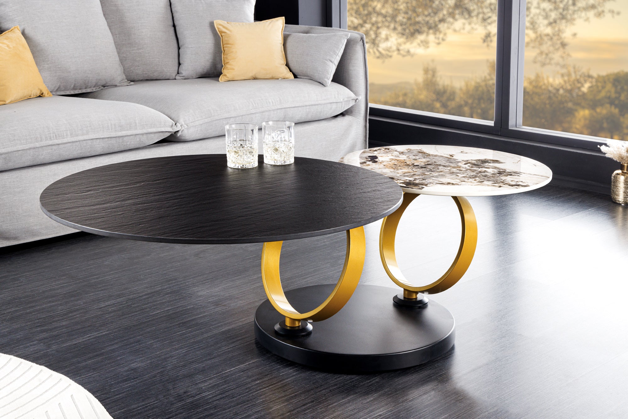 Table basse design DANCING RINGS ronde noire tournante Pandora céramique métal noir