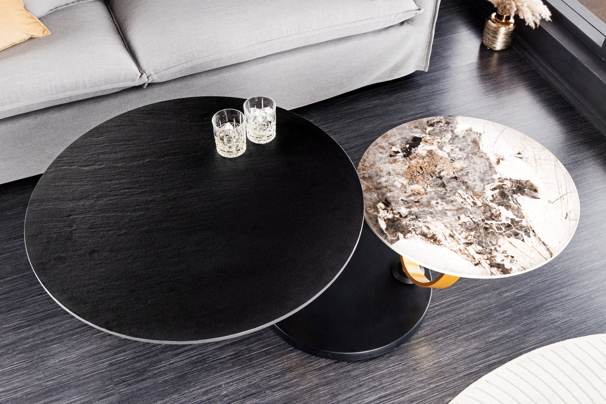 Table basse design DANCING RINGS ronde noire tournante Pandora céramique métal noir