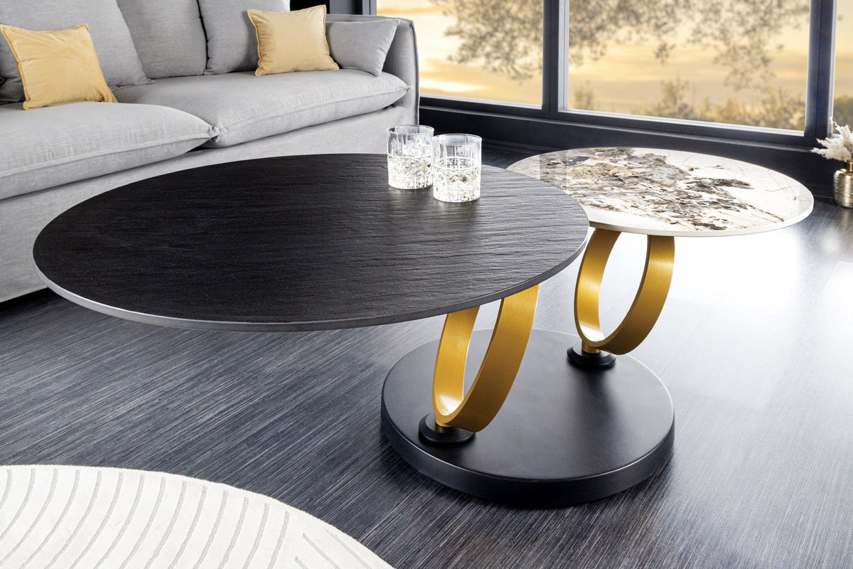 Table basse design DANCING RINGS ronde noire tournante Pandora céramique métal noir