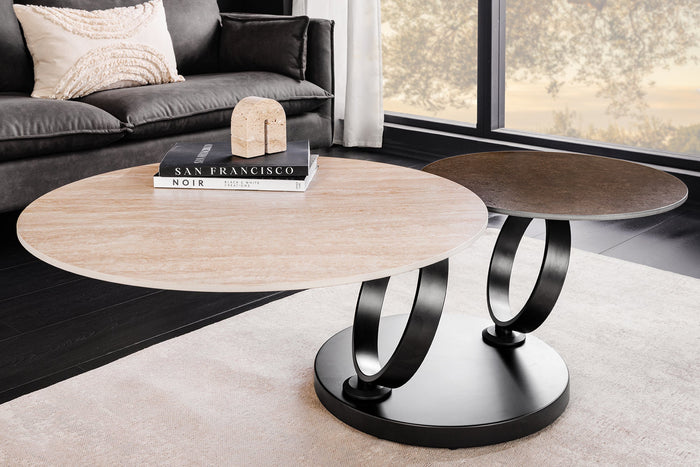 Table basse design DANCING RINGS rouille ronde tournante en céramique travertin structure noire