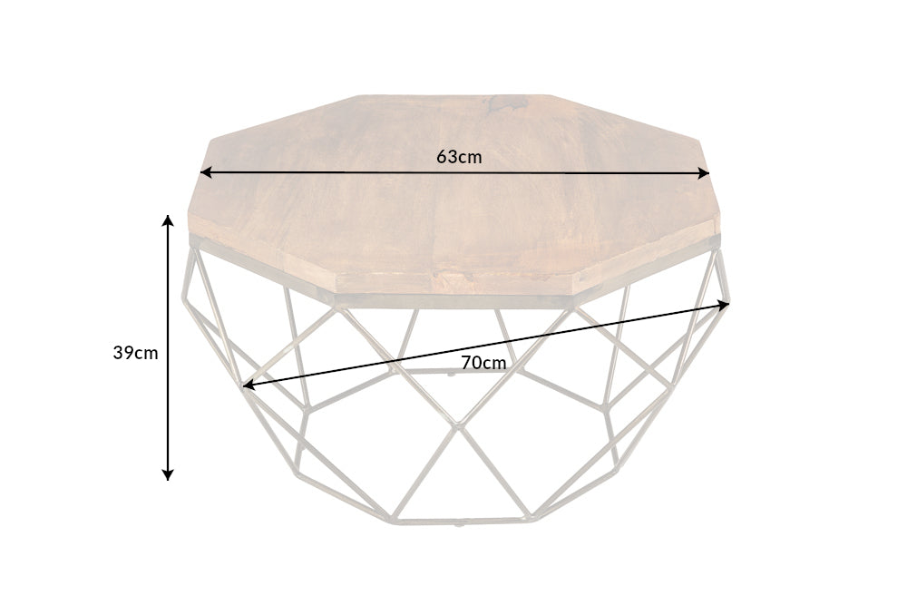 Mesa de centro de diseño DIAMOND 70 cm en madera de mango natural, marco de hierro y latón macizo