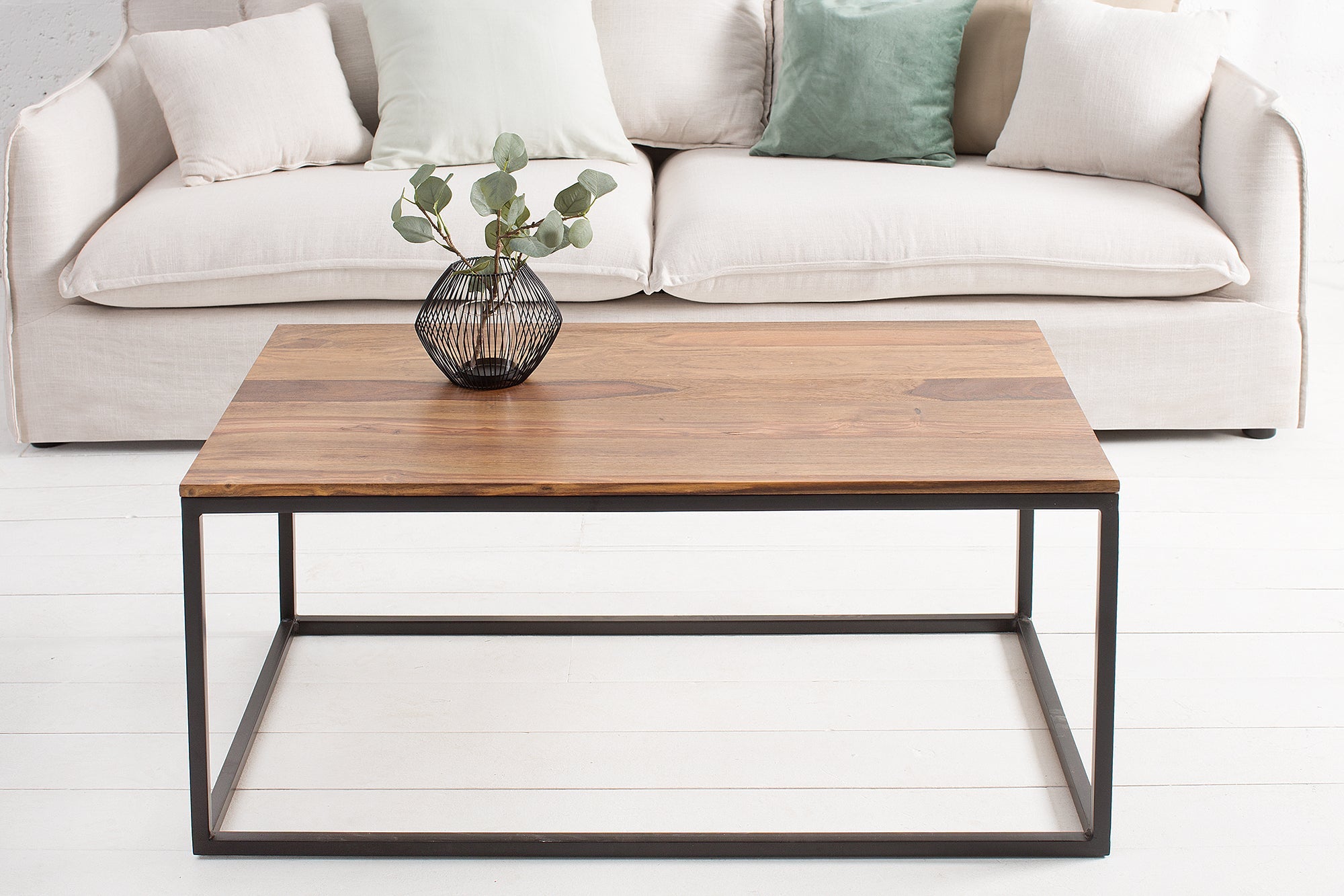 ELEMENTS mesa de centro de diseño 100cm en madera maciza con acabado piedra Sheesham, marco de hierro negro mate