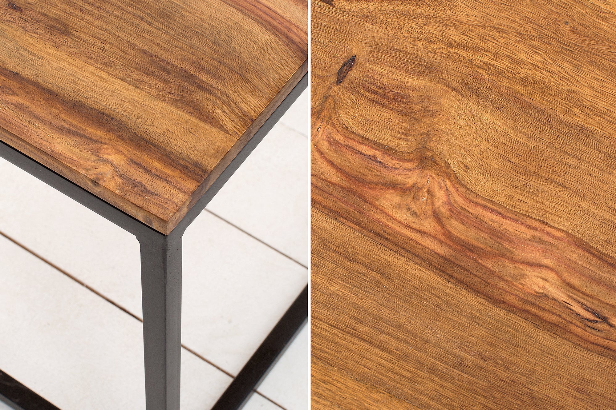 ELEMENTS mesa de centro de diseño 100cm en madera maciza con acabado piedra Sheesham, marco de hierro negro mate