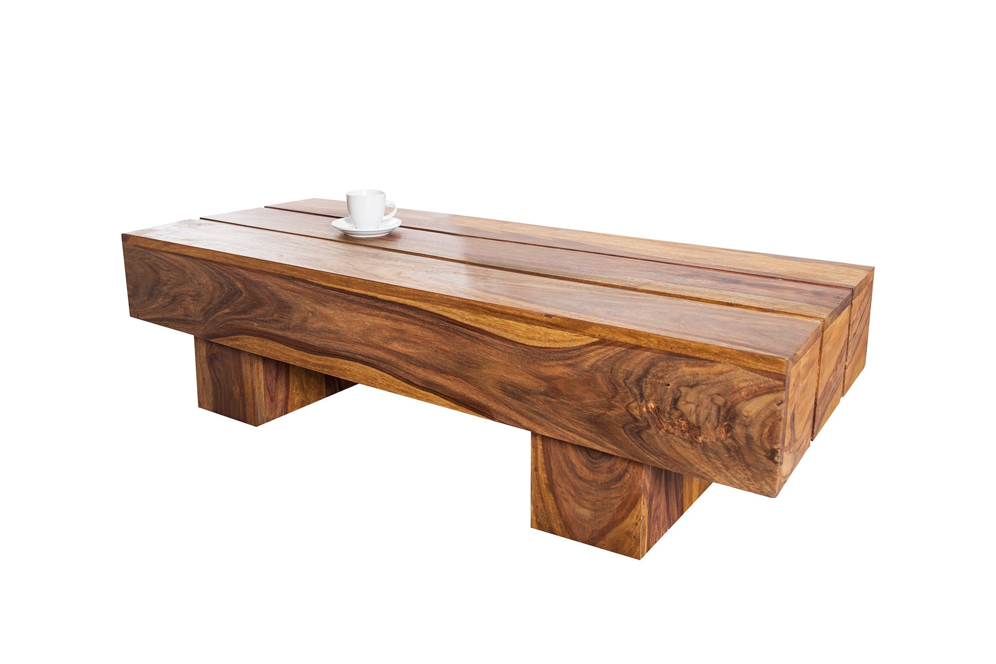 BOLT Mesa de centro de diseño de madera maciza de 100 cm con acabado de piedra Sheesham marrón