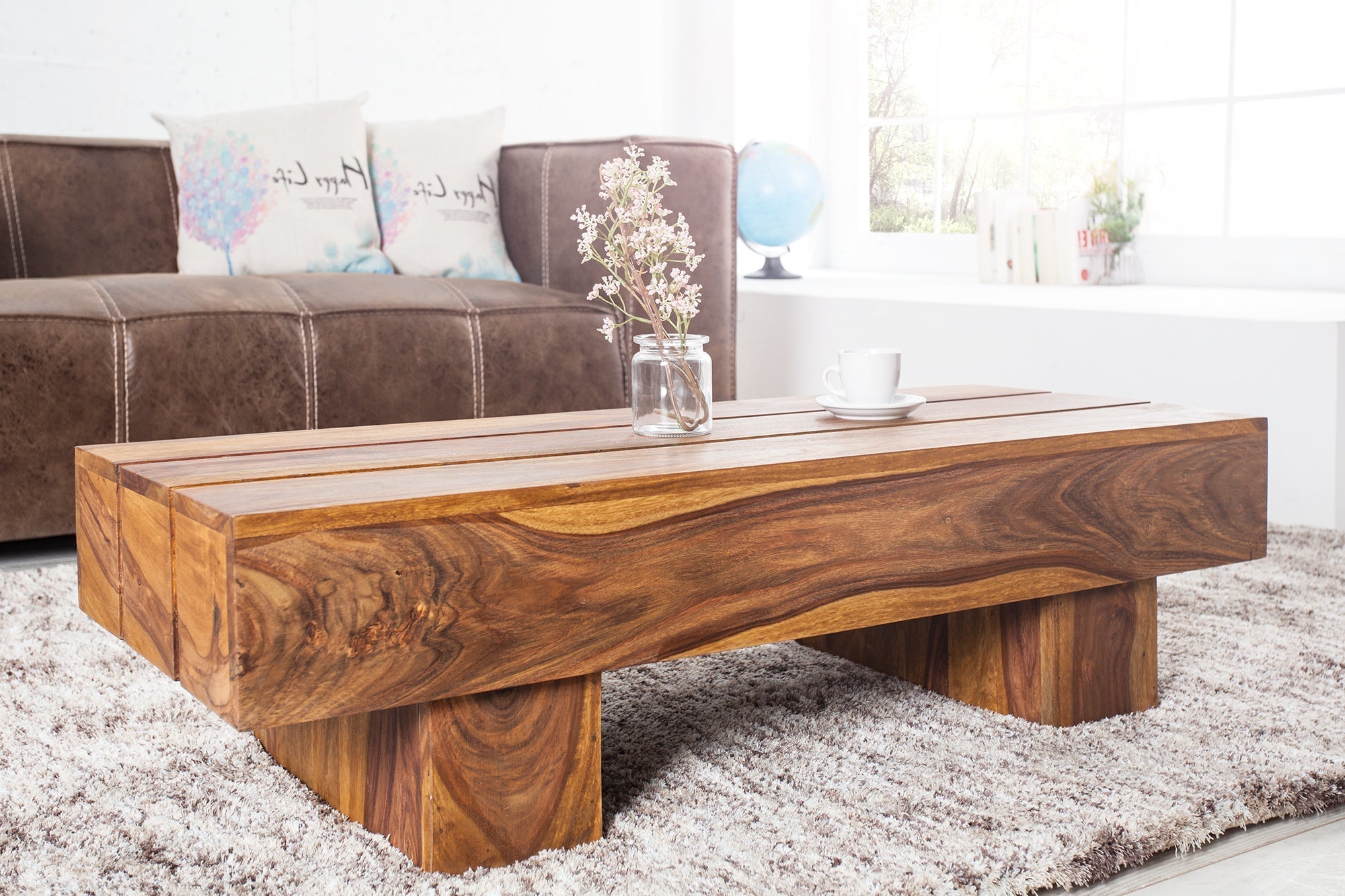 Table basse design en bois massif BOLT 100cm finition pierre Sheesham marron