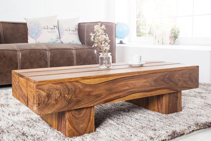 Table basse design en bois massif BOLT 100cm finition pierre Sheesham marron