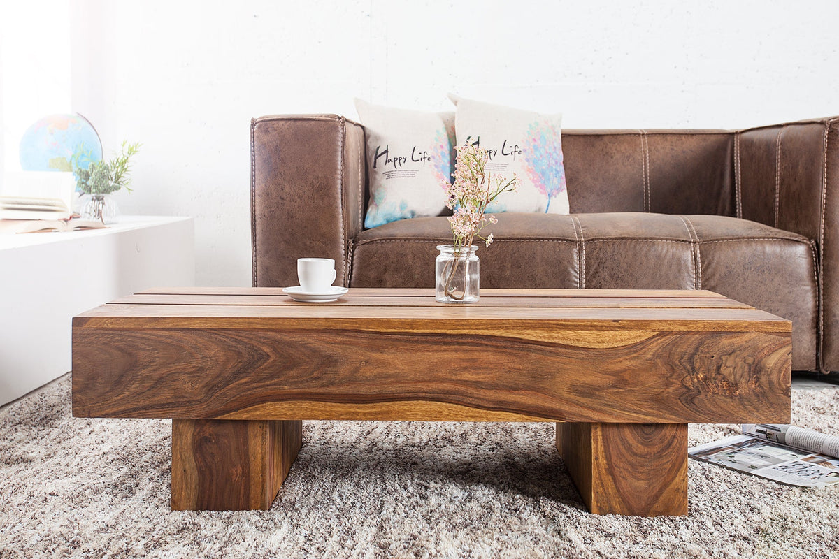 Table basse design en bois massif BOLT 100cm finition pierre Sheesham marron