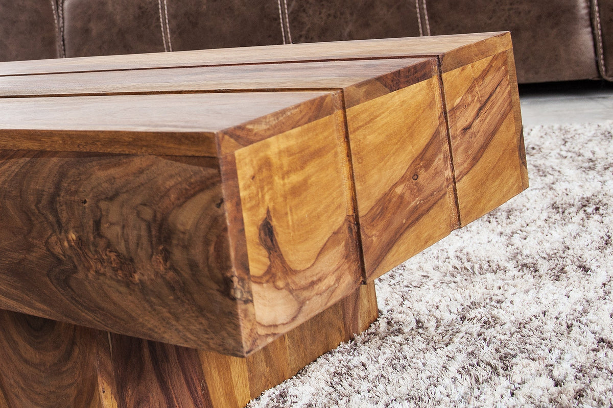 Table basse design en bois massif BOLT 100cm finition pierre Sheesham marron