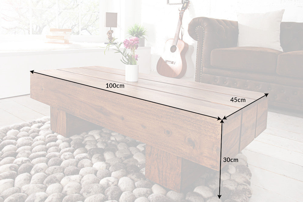 Table basse design en bois massif BOLT 100cm finition pierre Sheesham marron