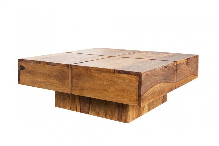 BOLT Mesa de centro de diseño de madera maciza marrón de 70 cm con acabado de piedra Sheesham hecha a mano