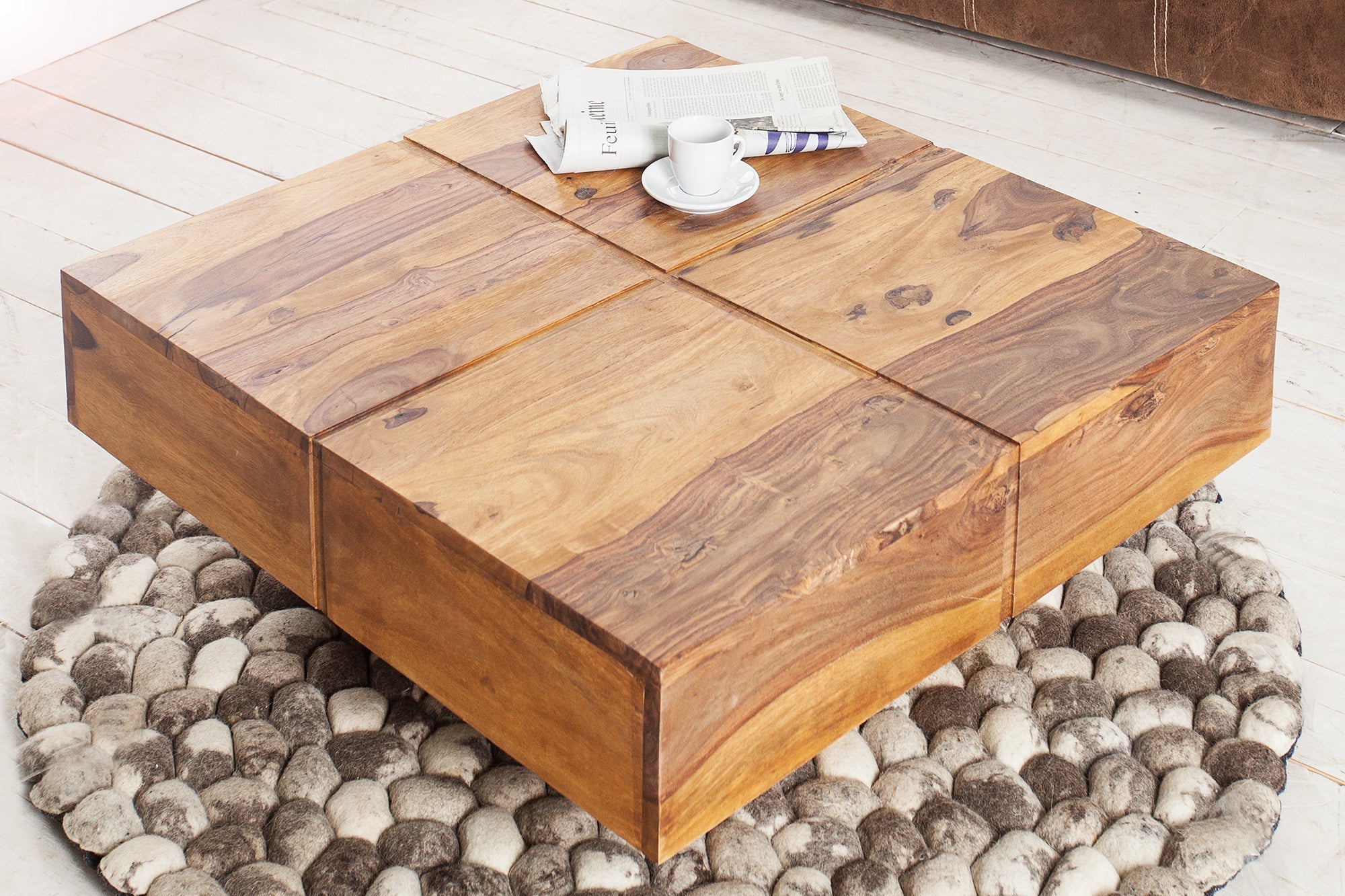 BOLT Mesa de centro de diseño de madera maciza marrón de 70 cm con acabado de piedra Sheesham hecha a mano