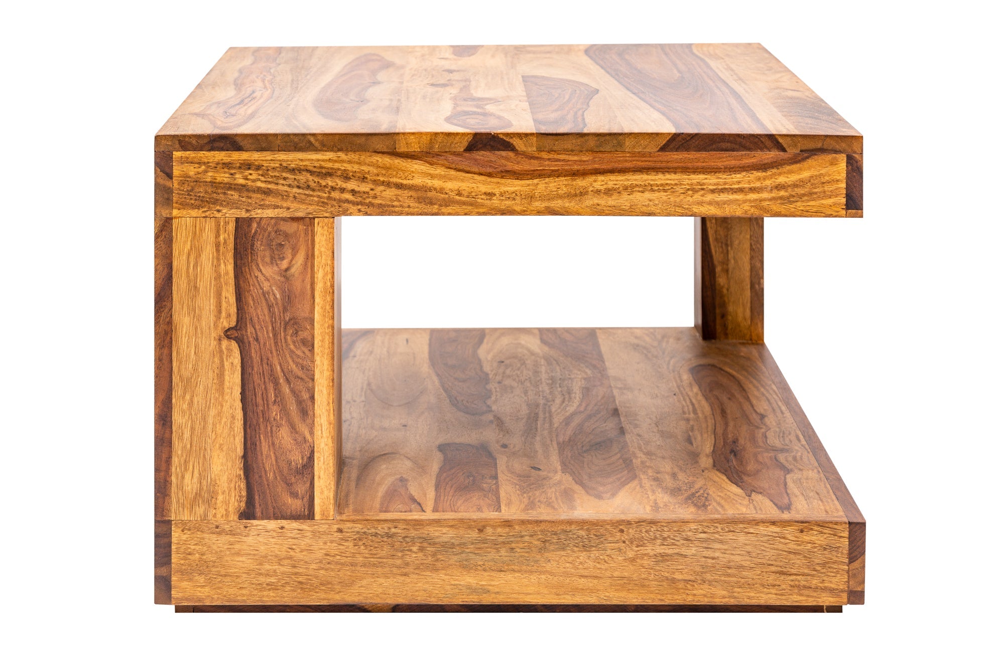 Mesa de centro de diseño GIANT de 60cm en madera maciza de Sheesham marrón con acabado en piedra y estante