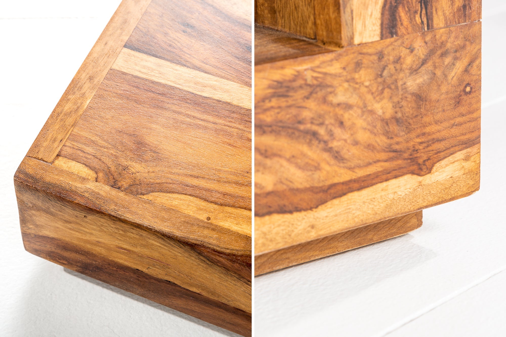 Mesa de centro de diseño GIANT de 60cm en madera maciza de Sheesham marrón con acabado en piedra y estante
