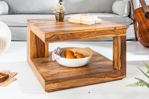 Table basse design GIANT 60cm en bois massif Sheesham marron finition pierre avec étagère