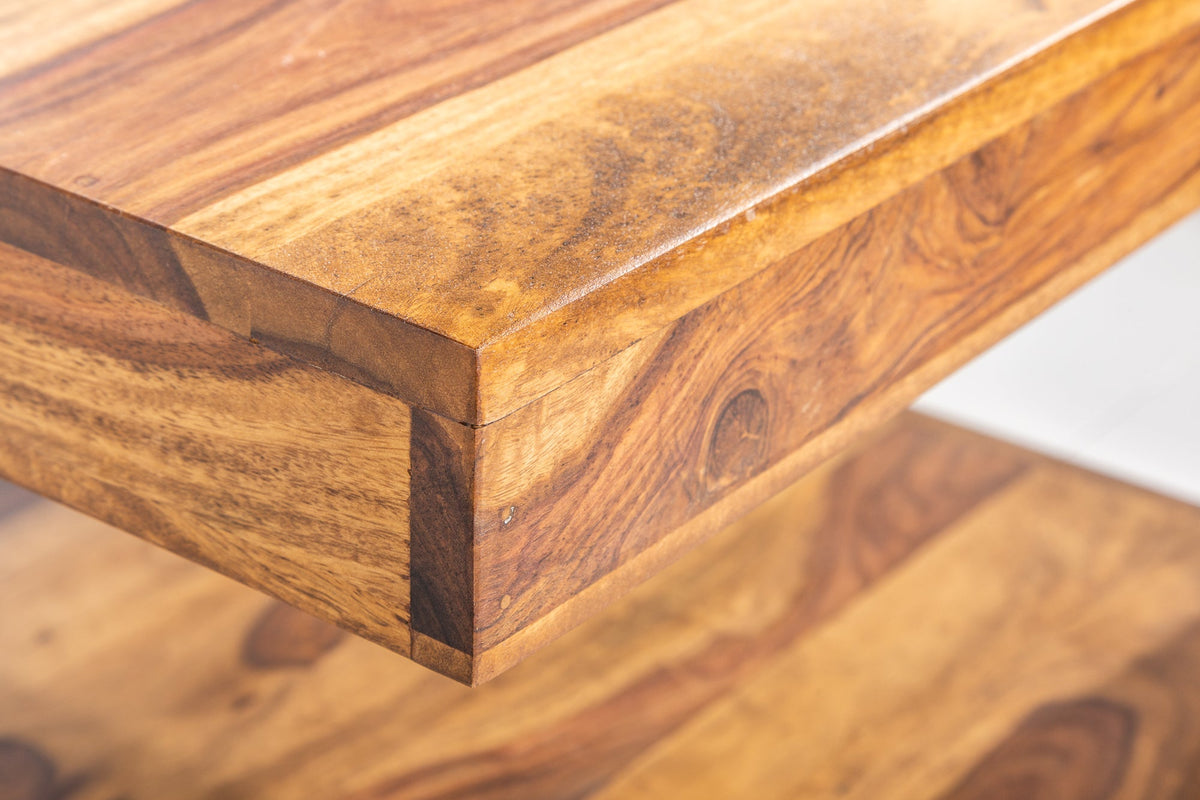 Table basse design GIANT 60cm en bois massif Sheesham marron finition pierre avec étagère