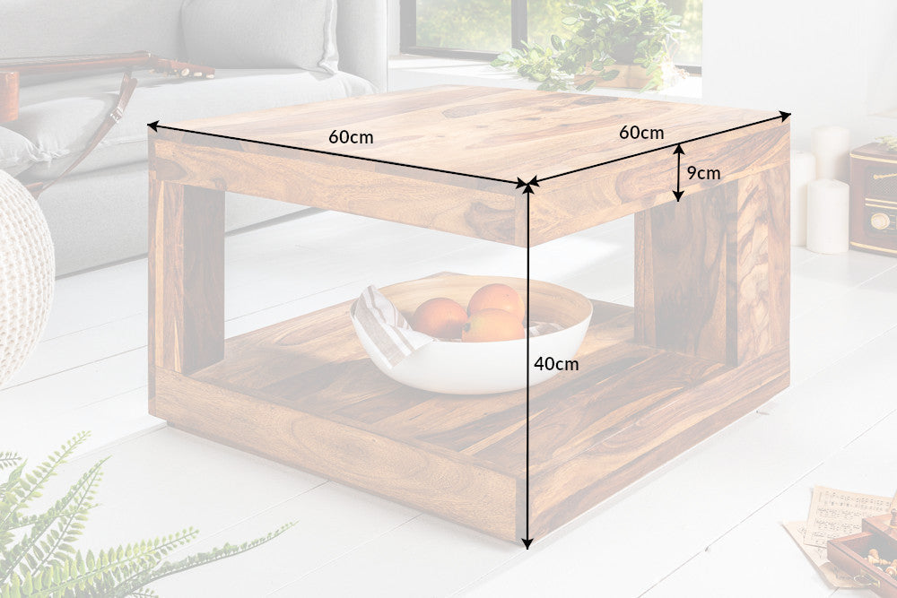 Table basse design GIANT 60cm en bois massif Sheesham marron finition pierre avec étagère